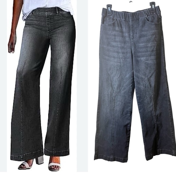 Denim - Black Wide Leg Pull On Casual Denim Jeans Size Medium High Rise Stretch Baggy